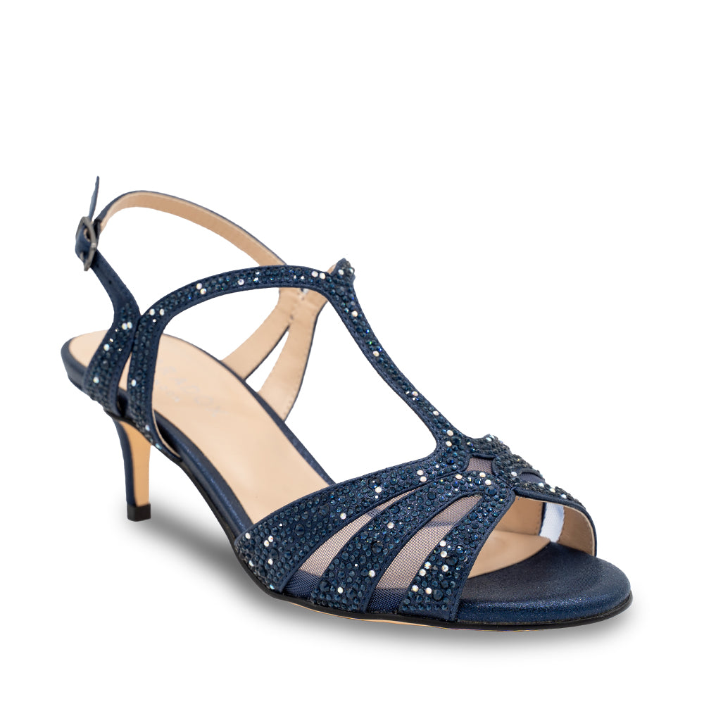 Mirabel Navy Shimmer Kitten Heel Sandals Paradox London