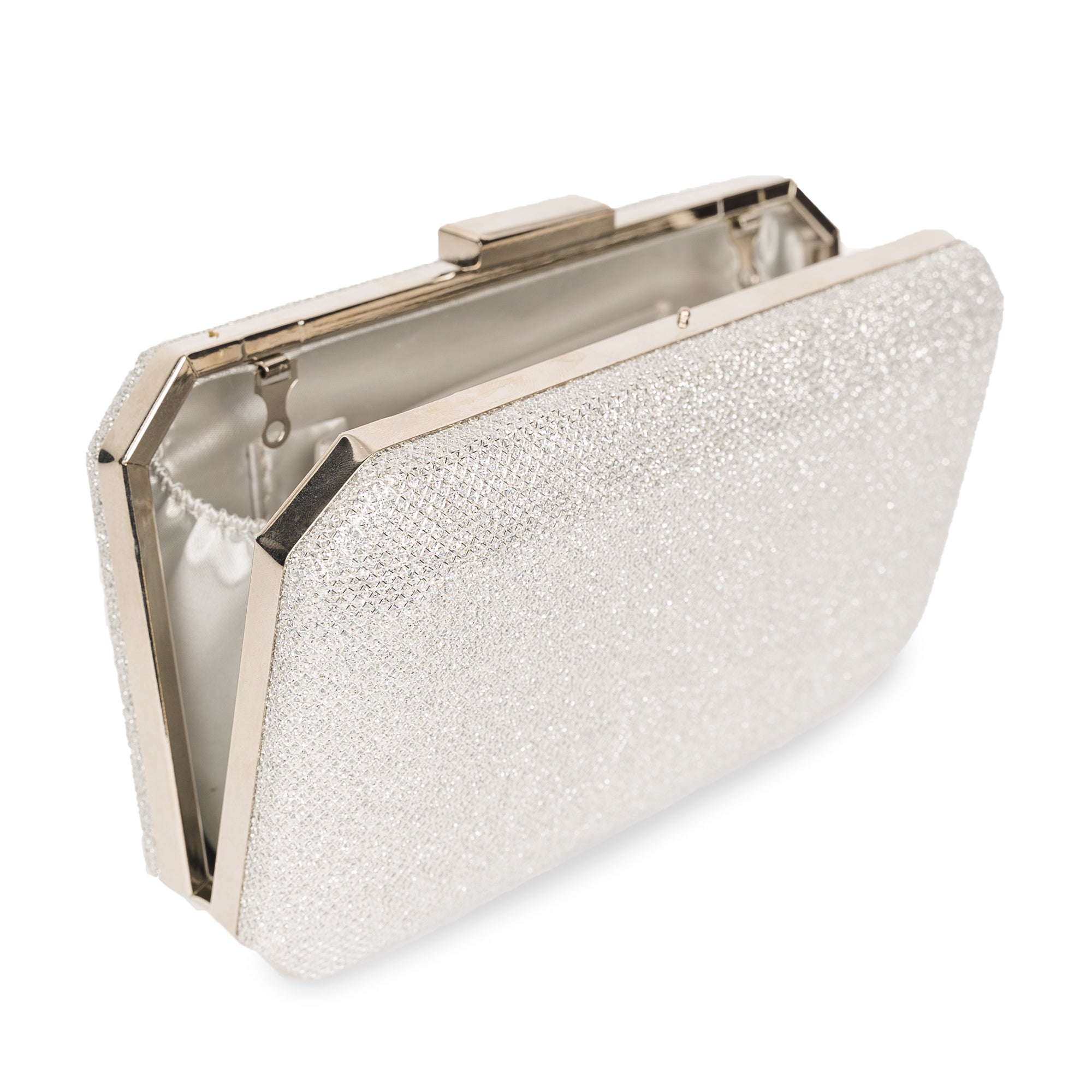 Dulcie Silver Glitter Mesh Box Clutch Handbag Paradox London