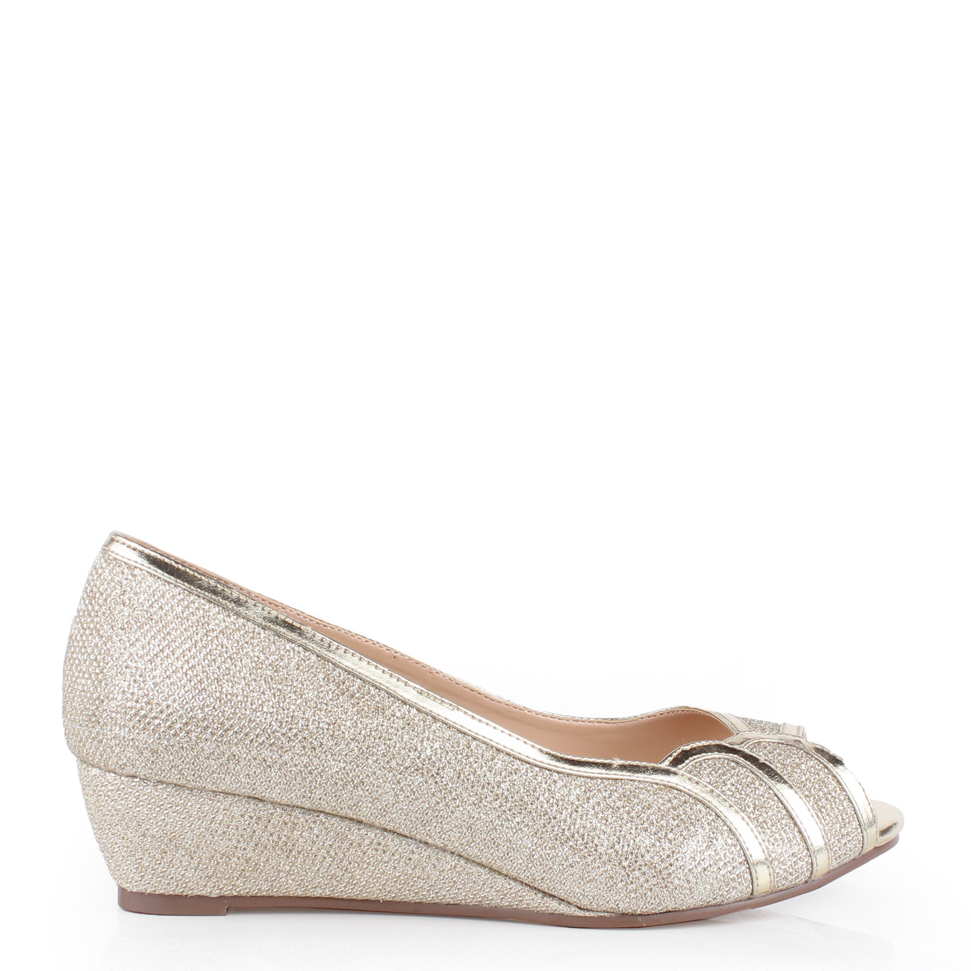 Paradox London Champagne Glitter Mesh 'Juno' Wide Fit Low Wedge Peeptoe  Shoes