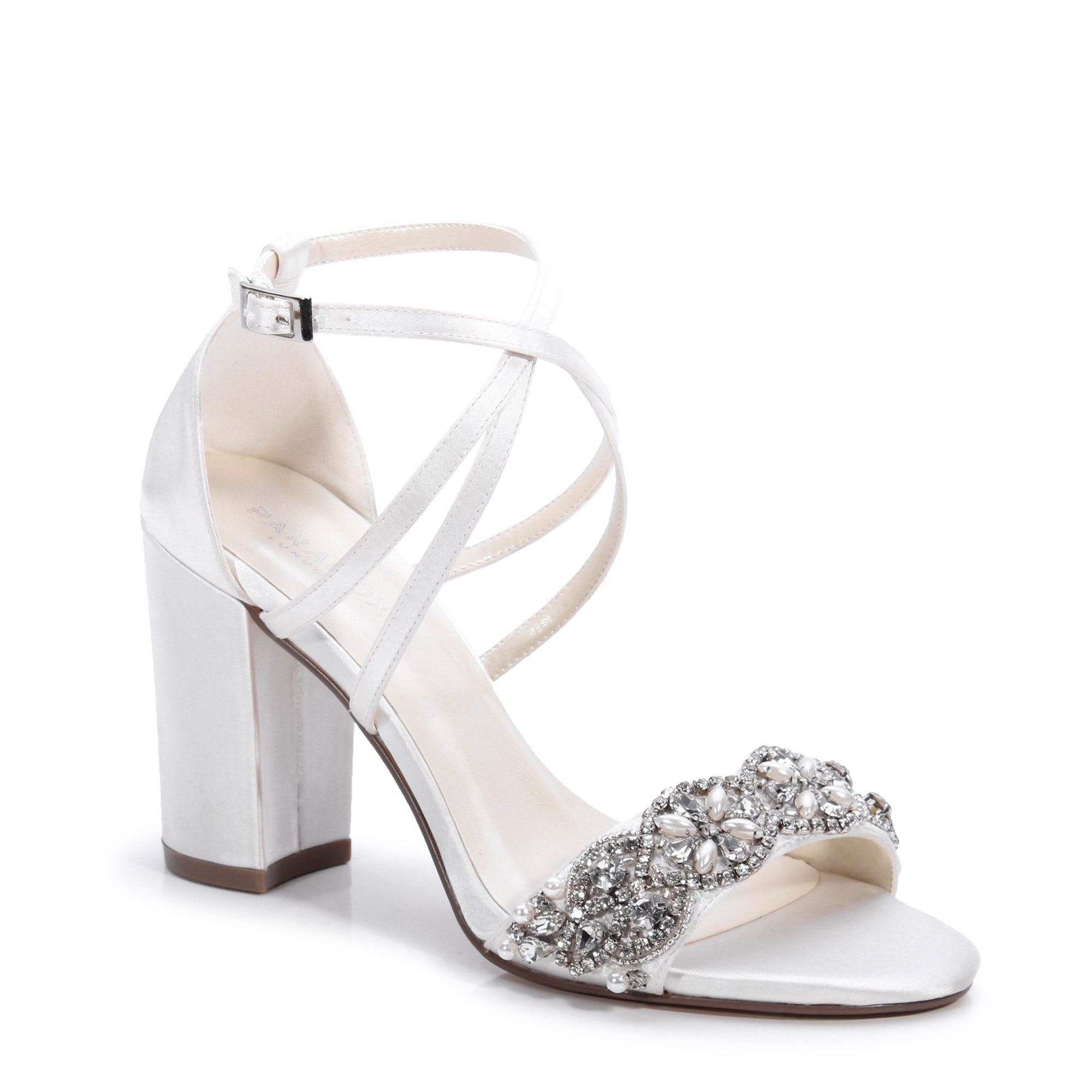 Hira Ivory Satin | High Block Heel Sandals | Paradox London