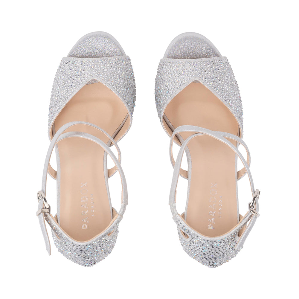 Kesha | Silver Shimmer Crystal Block Heel Sandals | Paradox London