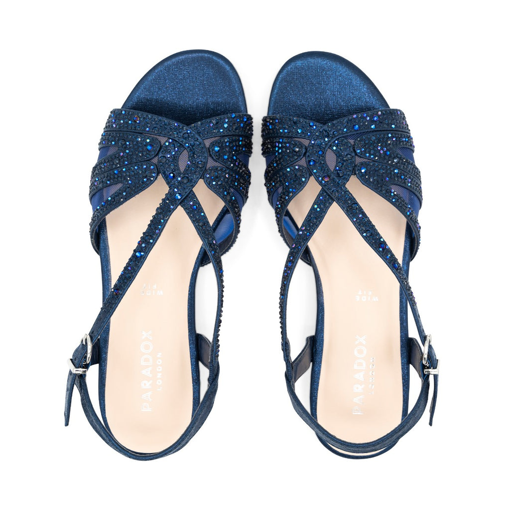 Quest Wide Fit Navy | Shimmer Wide Fit Low Heel Sandal | Paradox London