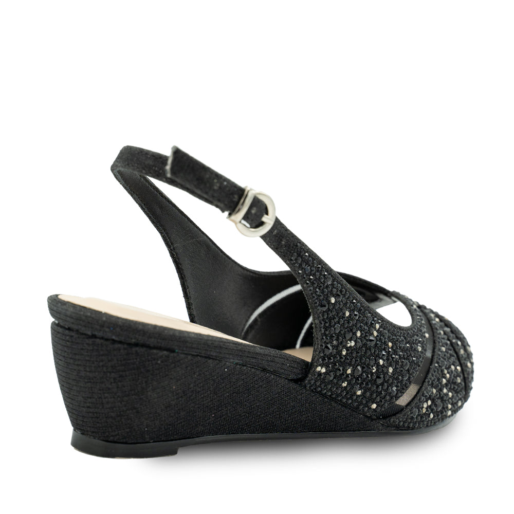 Jocelyn Black Wide Fit Glitter Slingback Wedges Paradox London