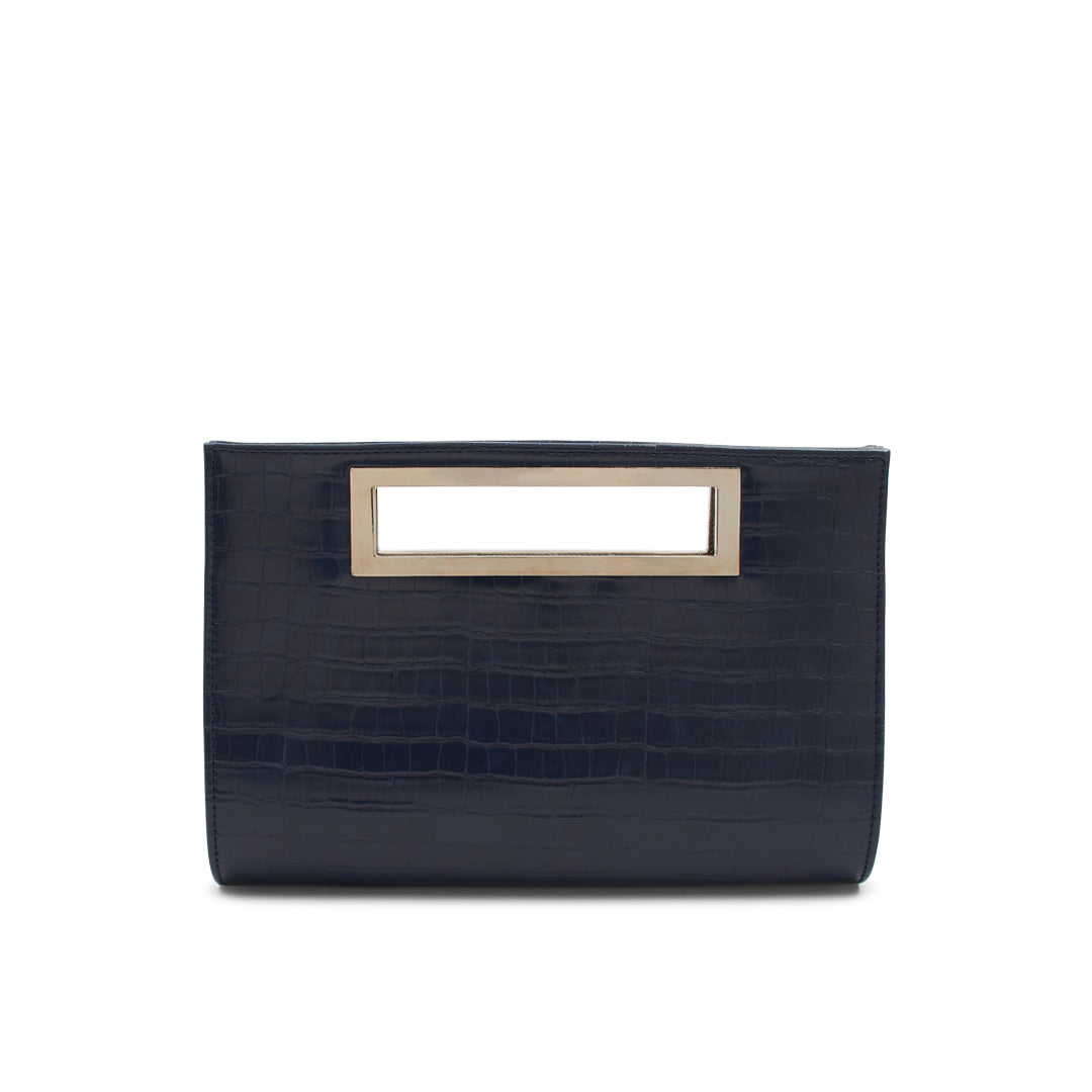 Paradox London Navy Crocodile Print Clutch Bag