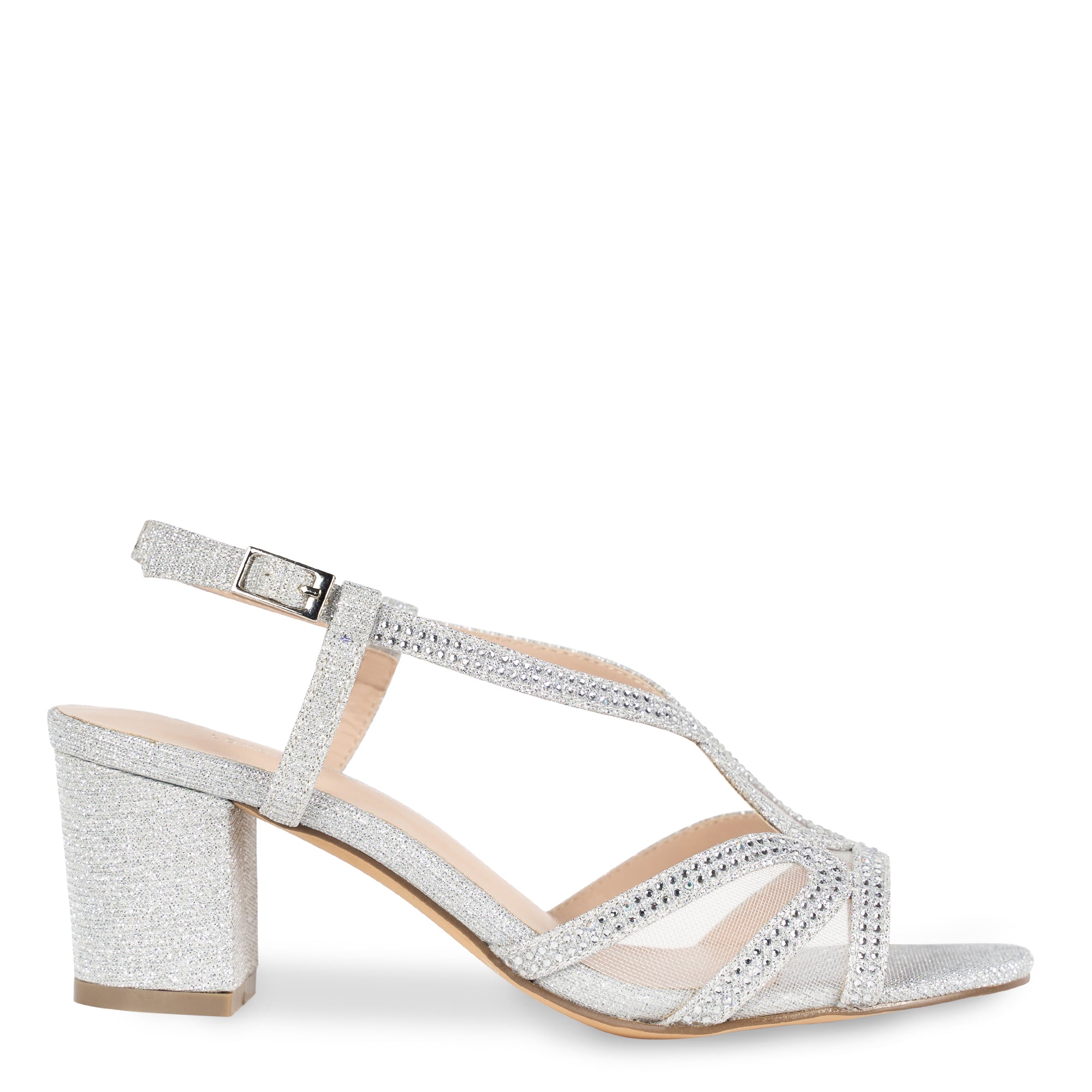 Ingrid | Silver Glitter Crystal Low Block Heel Sandals | Paradox London